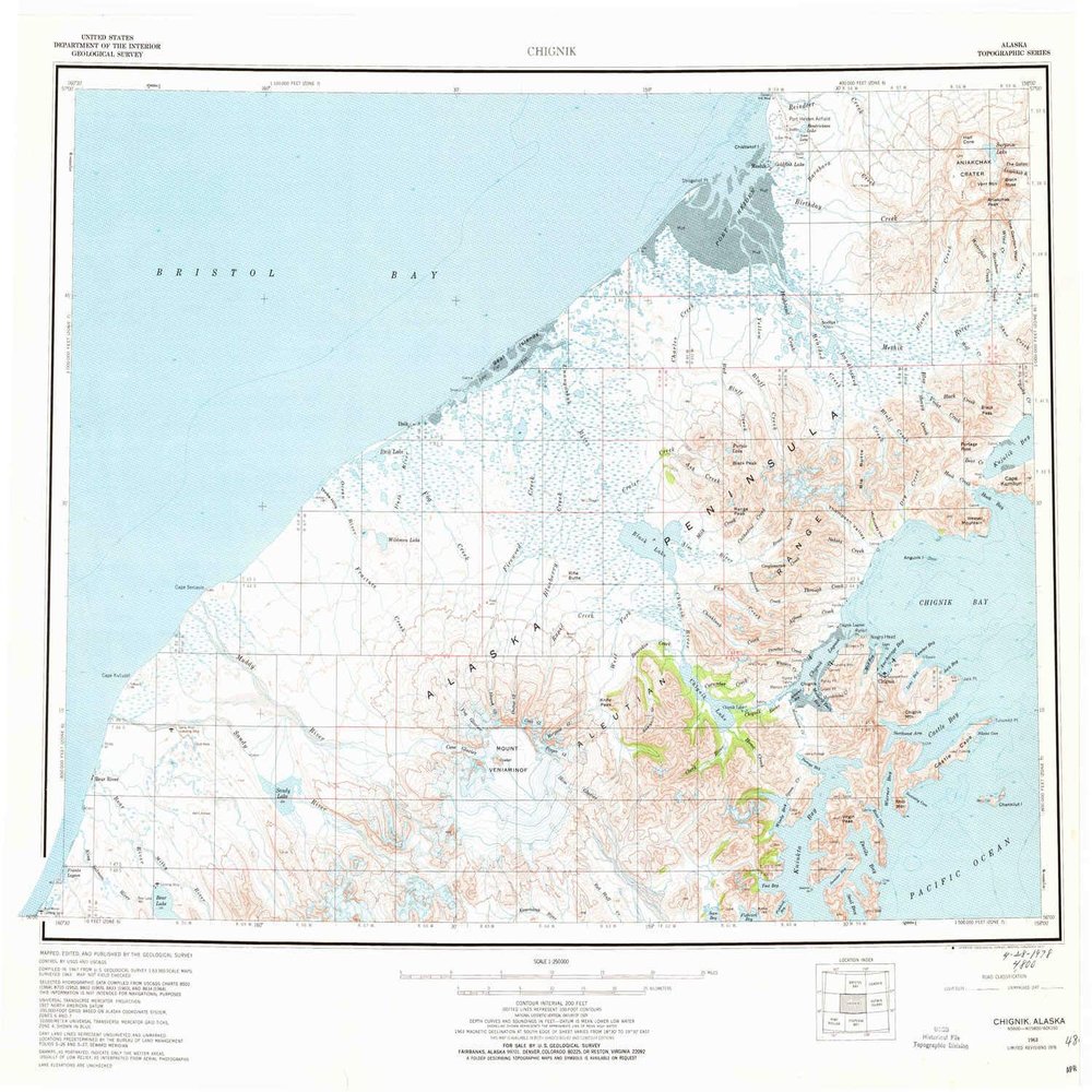YellowMaps Chignik AK topo map, 1:250000 Scale, 1 X 2 Degree, Historical, 1963, Updated 1977, 23.1 x 27.4 in - Tyvek