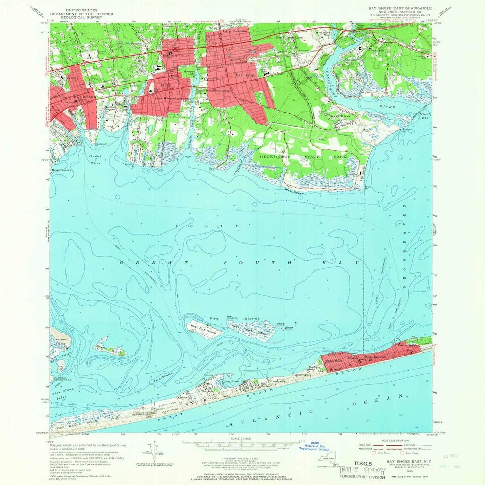 YellowMaps Bay Shore East NY topo map, 1:24000 Scale, 7.5 X 7.5 Minute, Historical, 1955, Updated 1957, 27 x 22 in - Tyvek