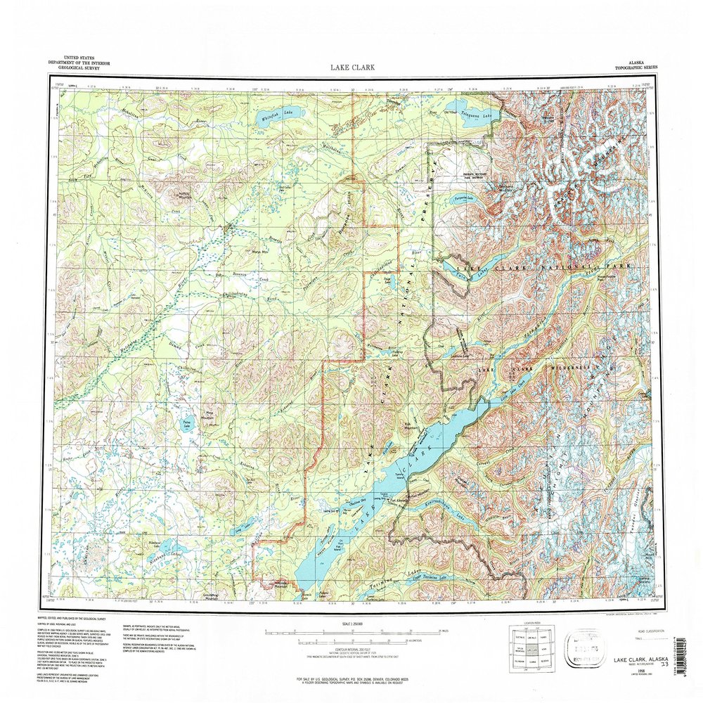 YellowMaps Lake Clark AK topo map, 1:250000 Scale, 1 X 3 Degree, Historical, 1958, Updated 1983, 24.2 x 30.7 in - Polypropylene