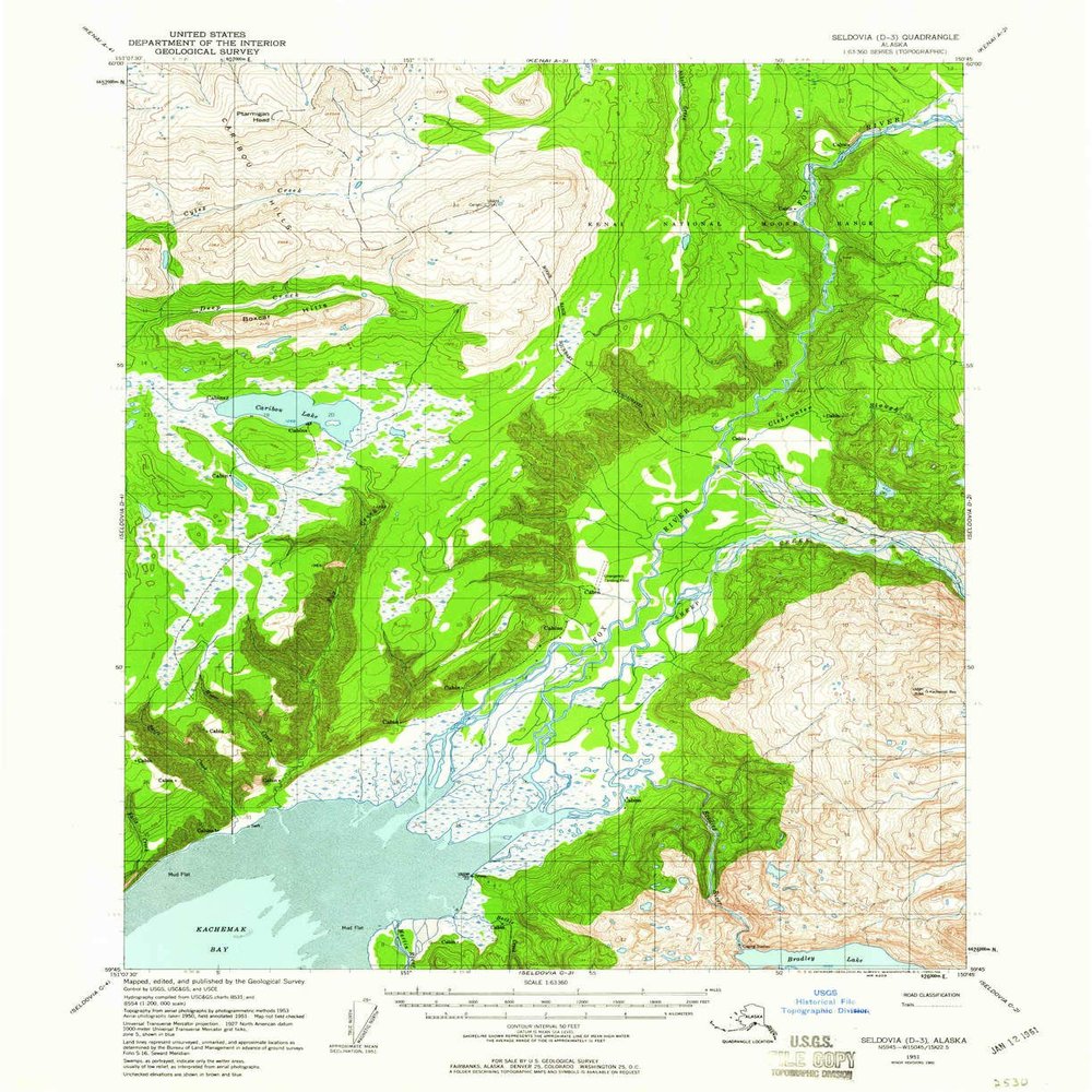 Seldovia D 3 AK topo map, 1:63360 Scale, 15 X 15 Minute, Historical, 1951, Updated 1960, 20.9 x 17 in - Tyvek