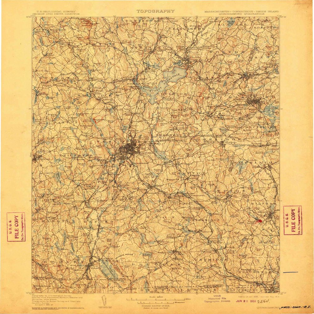 YellowMaps Quinsigamond MA topo map, 1:125000 Scale, 30 X 30 Minute, Historical, 1908, Updated 1910, 19.9 x 16.5 in - Tyvek