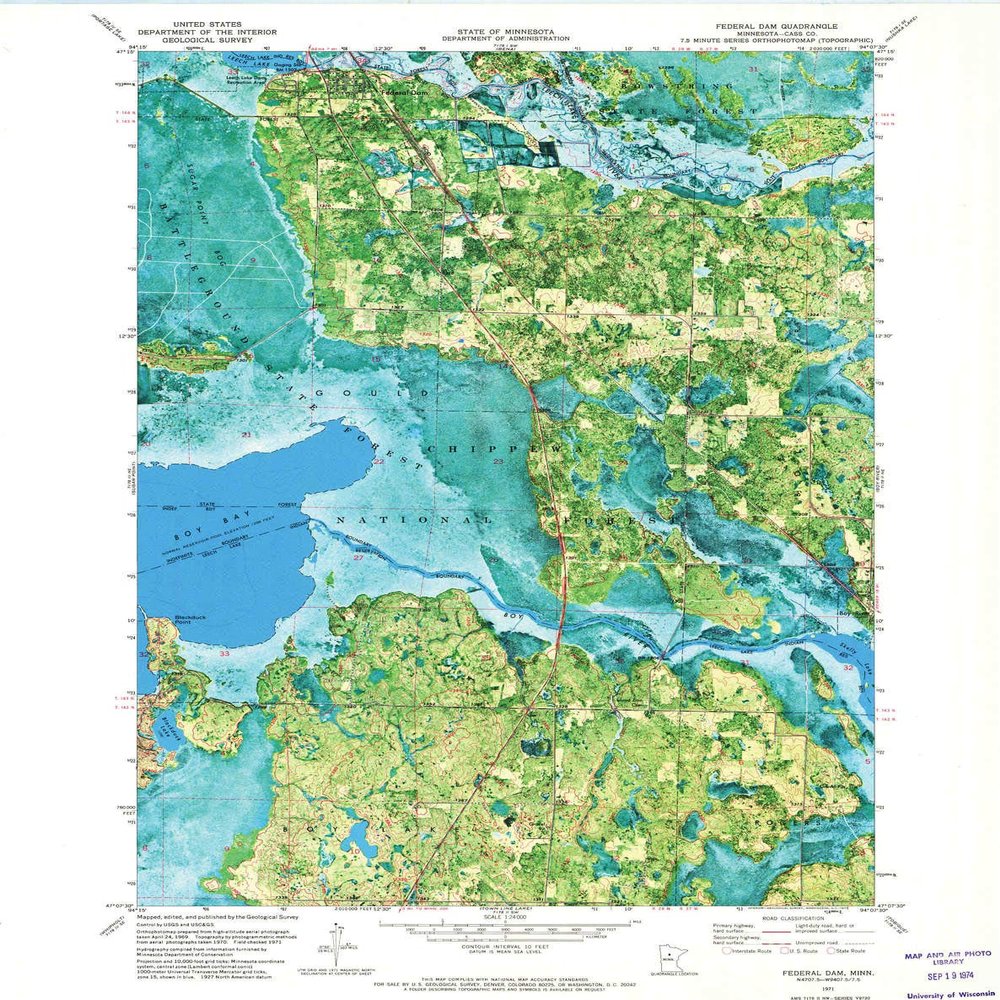 YellowMaps Federal Dam MN topo map, 1:24000 Scale, 7.5 X 7.5 Minute, Historical, 1971, Updated 1974, 27.23 x 21.53 in - Tyvek