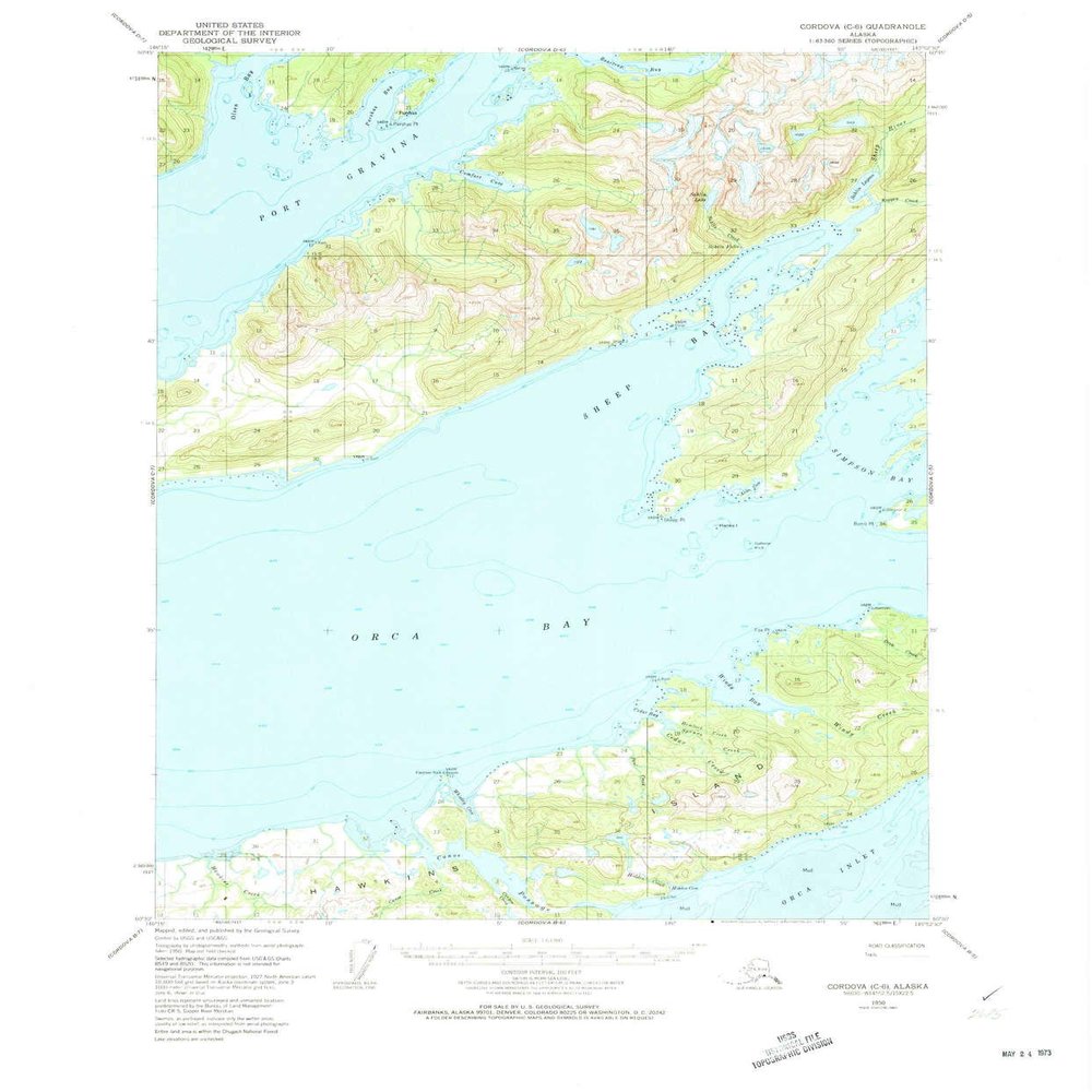 YellowMaps Cordova C 6 AK topo map, 1:63360 Scale, 15 X 15 Minute, Historical, 1950, Updated 1973, 21.8 x 18.1 in - Polypropylene