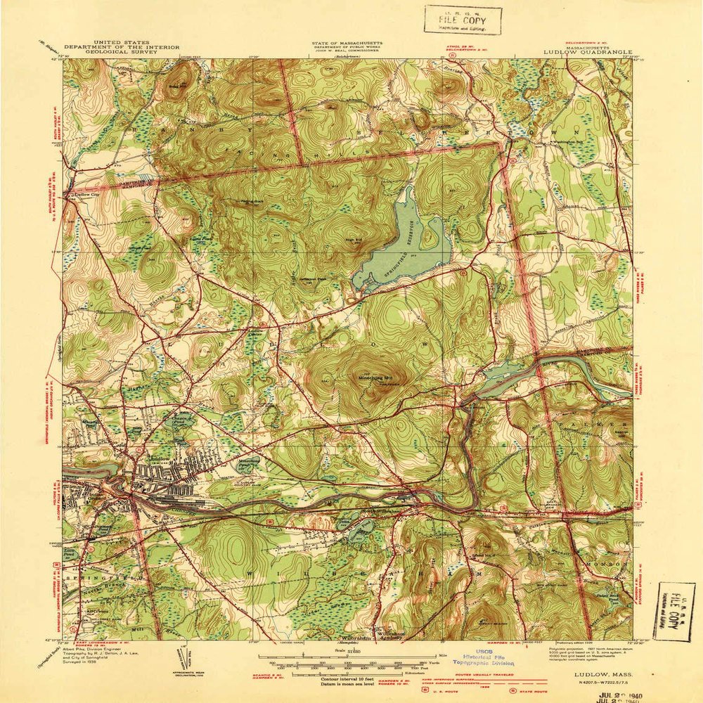 Ludlow MA topo map, 1:31680 Scale, 7.5 X 7.5 Minute, Historical, 1939, 20.9 x 15.8 in - Polypropylene