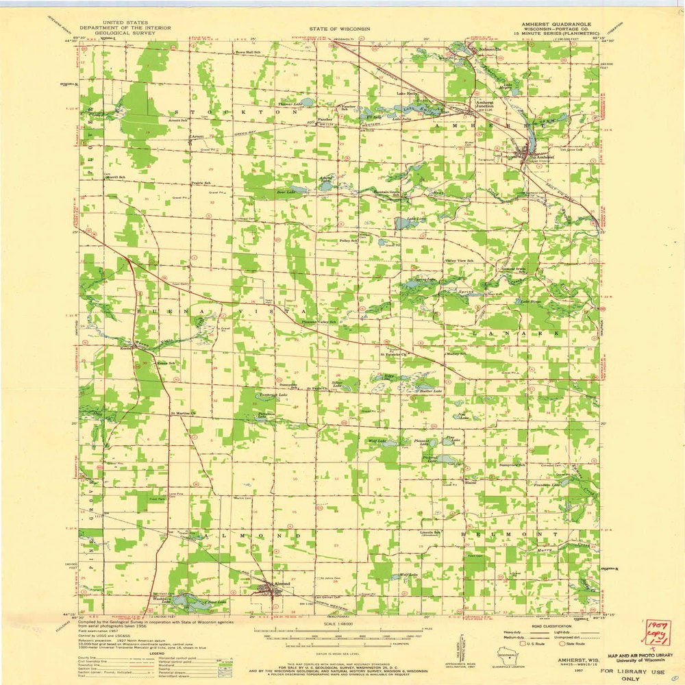 YellowMaps Amherst WI topo map, 1:48000 Scale, 15 X 15 Minute, Historical, 1957, Updated 1959, 27.19 x 21.51 in - Polypropylene