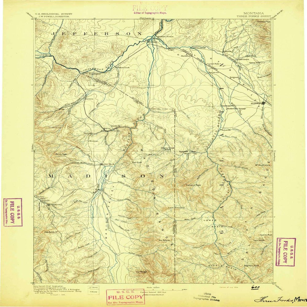 YellowMaps Three Forks MT topo map, 1:250000 Scale, 1 X 1 Degree, Historical, 1894, 20.4 x 15.9 in - Polypropylene
