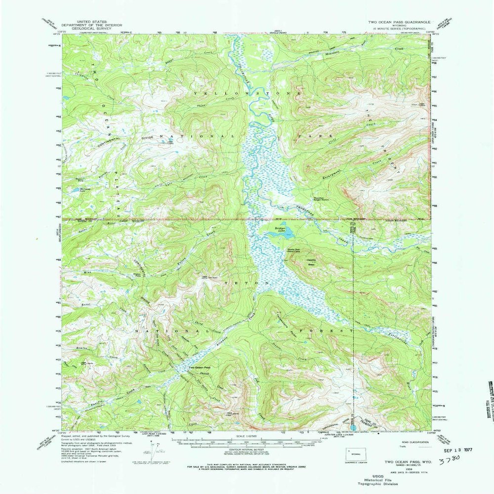 YellowMaps Two Ocean Pass WY topo map, 1:62500 Scale, 15 X 15 Minute, Historical, 1959, Updated 1977, 21.8 x 16.9 in - Tyvek