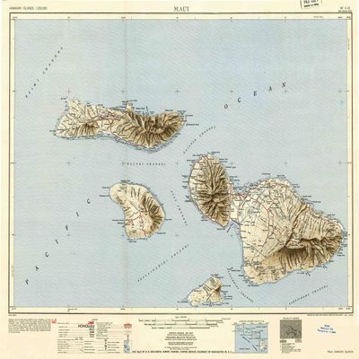 YellowMaps Maui HI topo map, 1:250000 Scale, 1 X 2 Degree, Historical, 1954, Updated 1954, 21.8 x 27.1 in - Polypropylene
