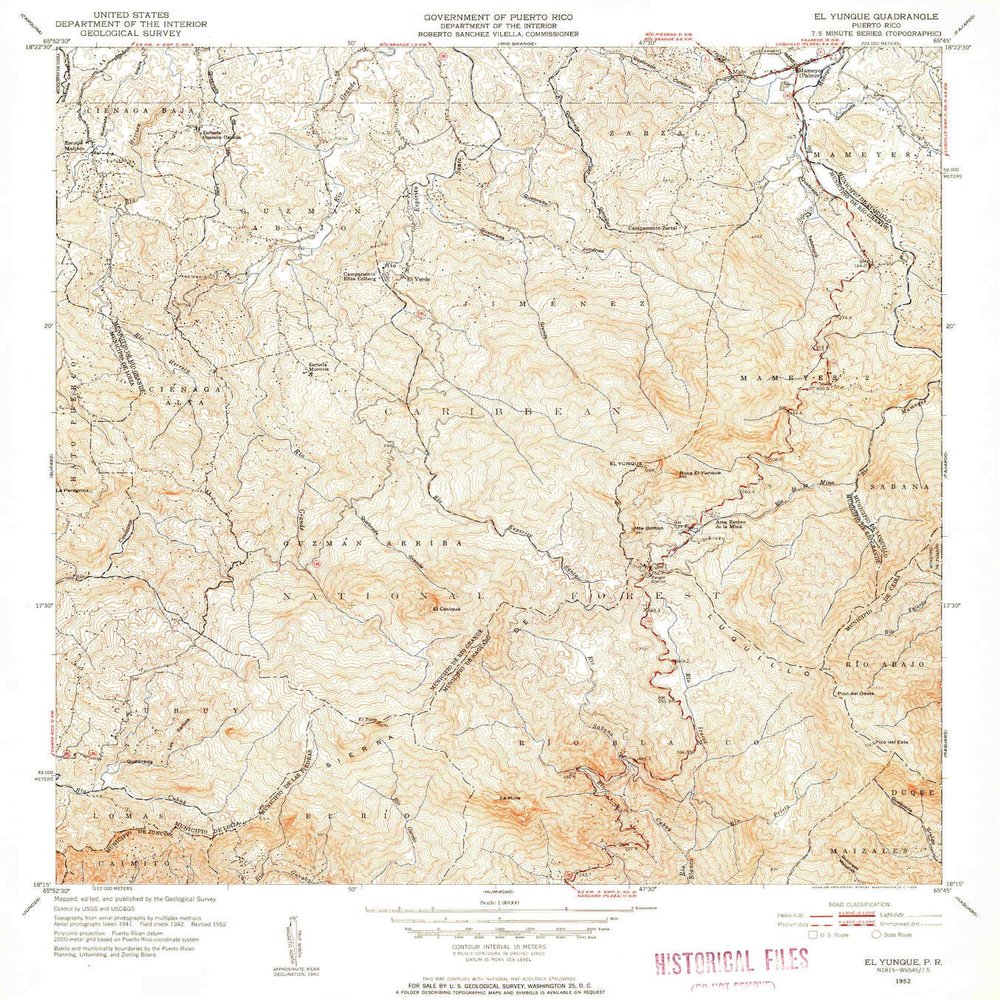 YellowMaps El Yunque PR topo map, 1:30000 Scale, 7.5 X 7.5 Minute, Historical, 1952, Updated 1953, 21.7 x 19.6 in - Polypropylene