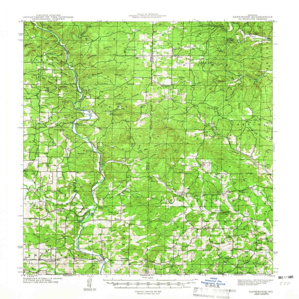 YellowMaps Gatewood MO topo map, 1:62500 Scale, 15 X 15 Minute, Historical, 1945, 20.9 x 16.9 in - Polypropylene