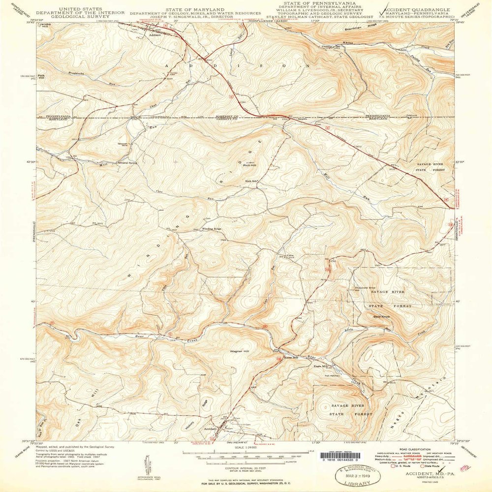 YellowMaps Accident MD topo map, 1:24000 Scale, 7.5 X 7.5 Minute, Historical, 1949, Updated 1949, 26.8 x 20.7 in - Tyvek