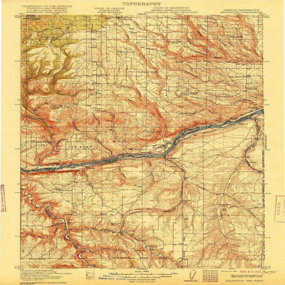 YellowMaps Arlington OR topo map, 1:125000 Scale, 30 X 30 Minute, Historical, 1916, Updated 1916, 19.8 x 14.4 in - Polypropylene