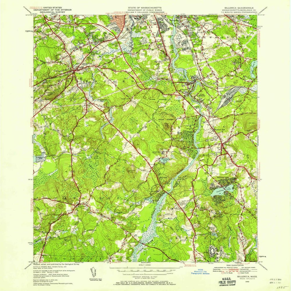 YellowMaps Billerica MA topo map, 1:24000 Scale, 7.5 X 7.5 Minute, Historical, 1950, Updated 1958, 26.8 x 21.9 in - Tyvek