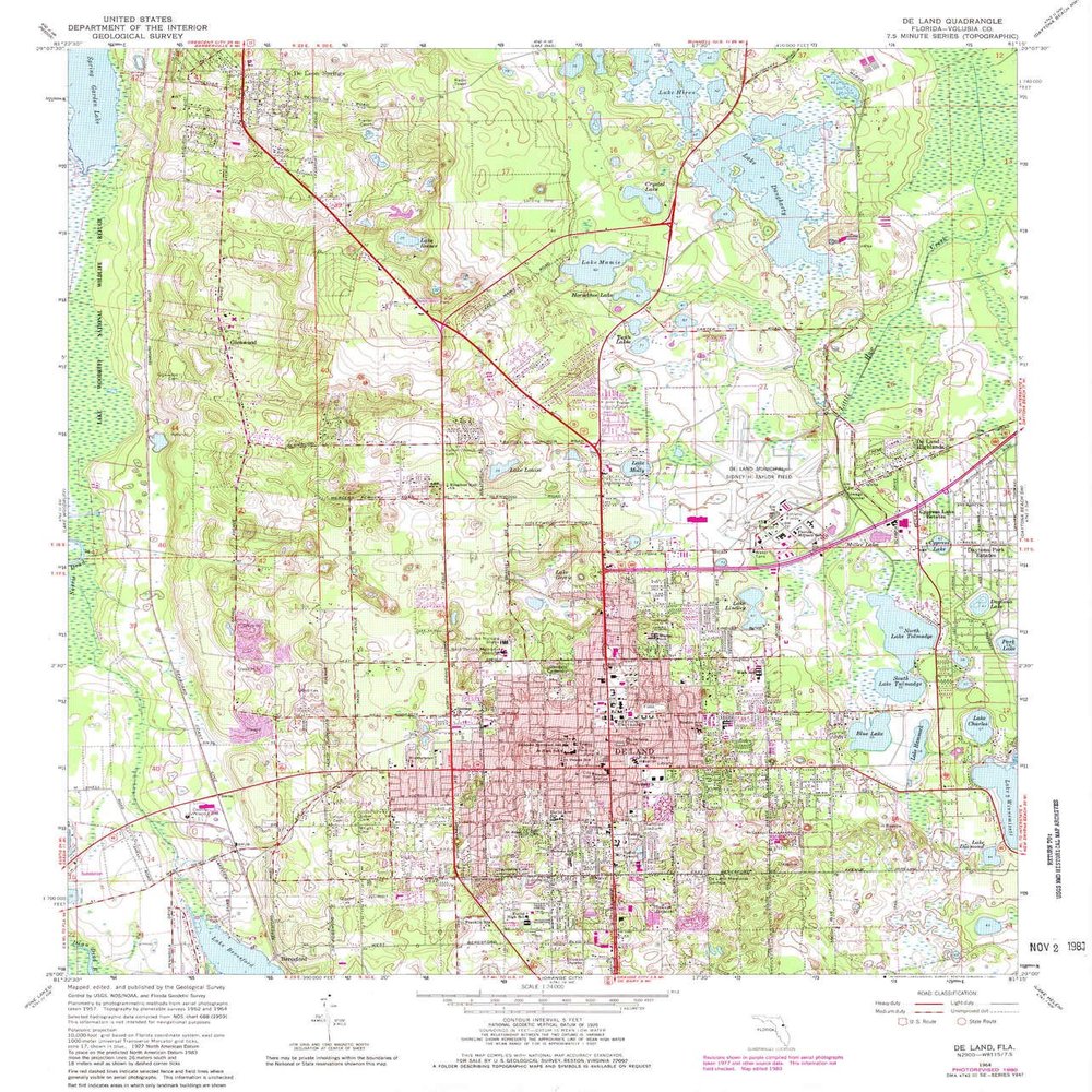 YellowMaps De Land FL topo map, 1:24000 Scale, 7.5 X 7.5 Minute, Historical, 1964, Updated 1981, 26.8 x 23 in - Polypropylene