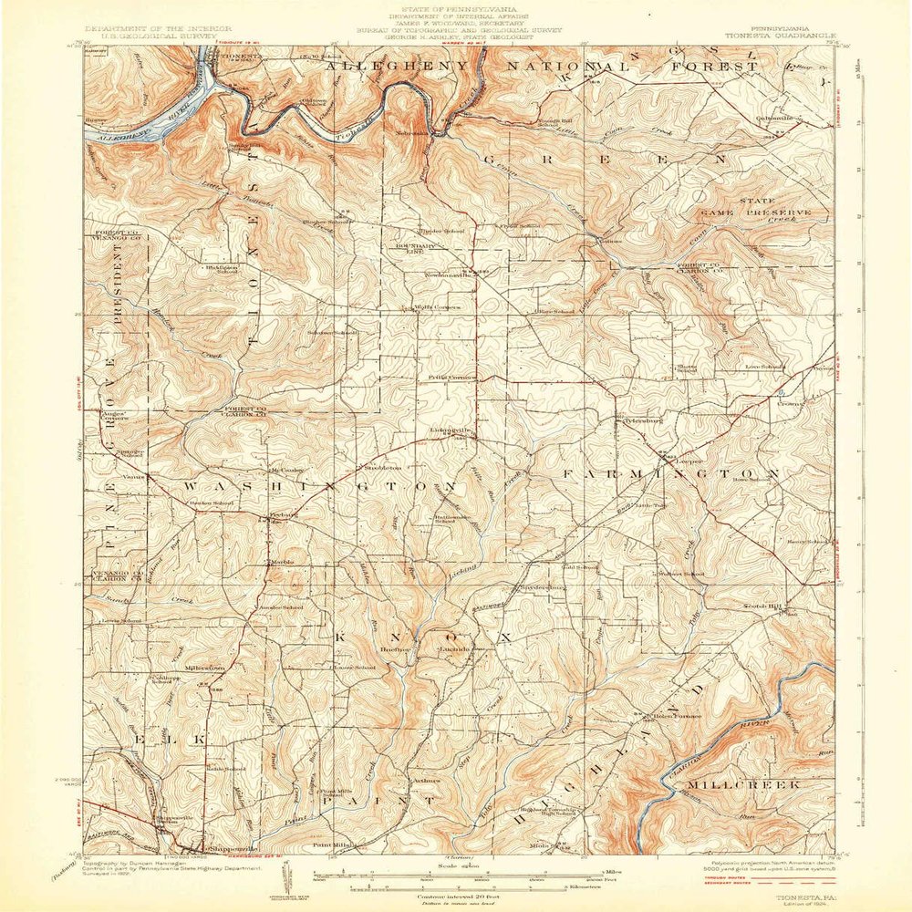 YellowMaps Tionesta PA topo map, 1:62500 Scale, 15 X 15 Minute, Historical, 1924, 19.7 x 16 in - Polypropylene