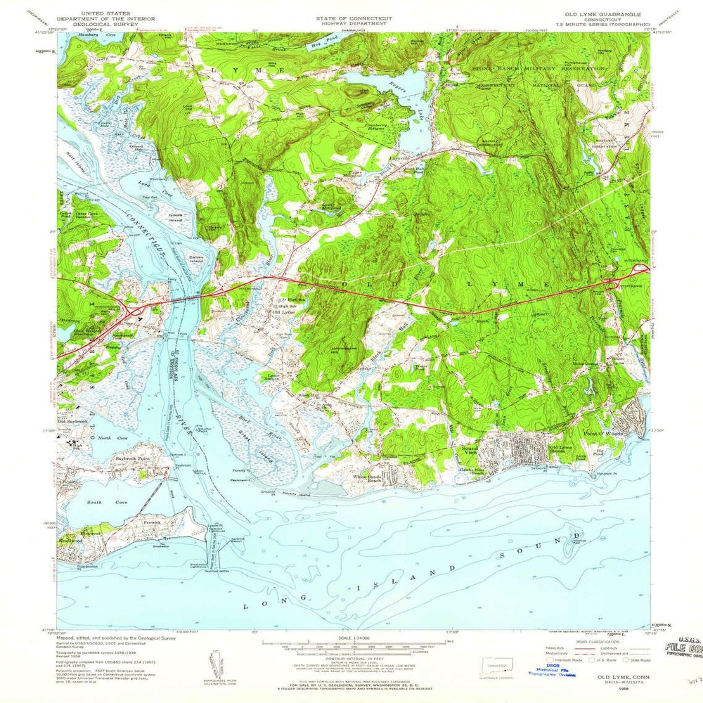 YellowMaps Old Lyme CT topo map, 1:24000 Scale, 7.5 X 7.5 Minute, Historical, 1958, Updated 1959, 26.8 x 20.4 in - Tyvek