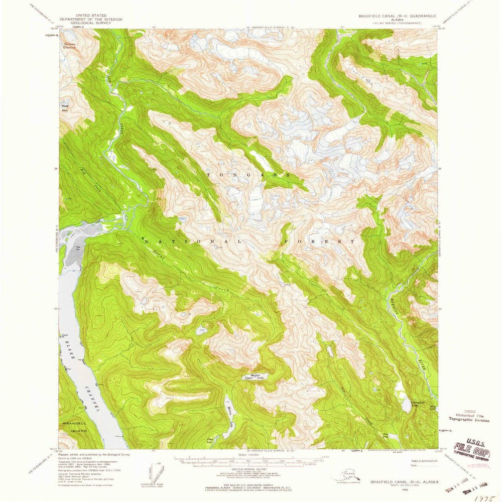 YellowMaps Bradfield Canal B 6 AK topo map, 1:63360 Scale, 15 X 15 Minute, Historical, 1955, Updated 1959, 20.7 x 17 in - Polypropylene