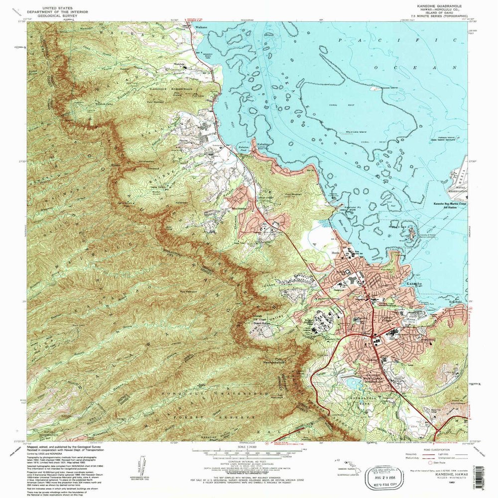 YellowMaps Kaneohe HI topo map, 1:24000 Scale, 7.5 X 7.5 Minute, Historical, 1983, Updated 1983, 26.9 x 24 in - Polypropylene