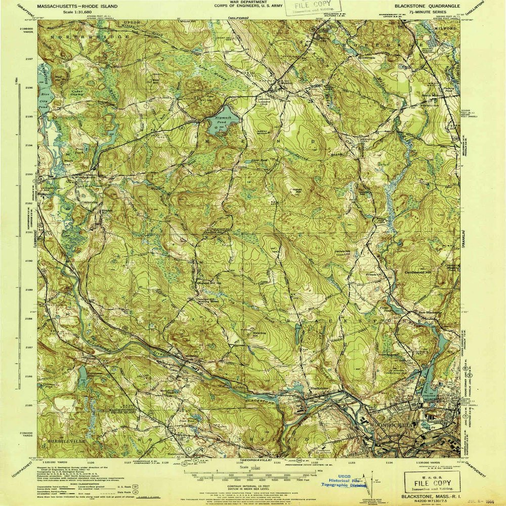 YellowMaps Blackstone MA topo map, 1:31680 Scale, 7.5 X 7.5 Minute, Historical, 1944, 19.9 x 15.4 in - Polypropylene