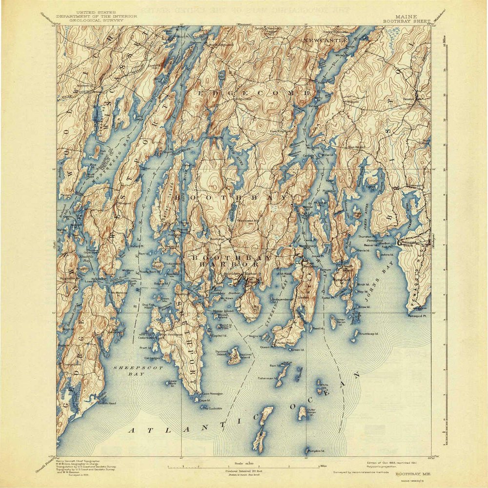 YellowMaps Boothbay ME topo map, 1:62500 Scale, 15 X 15 Minute, Historical, 1893, Updated 1941, 19.8 x 16.5 in - Polypropylene