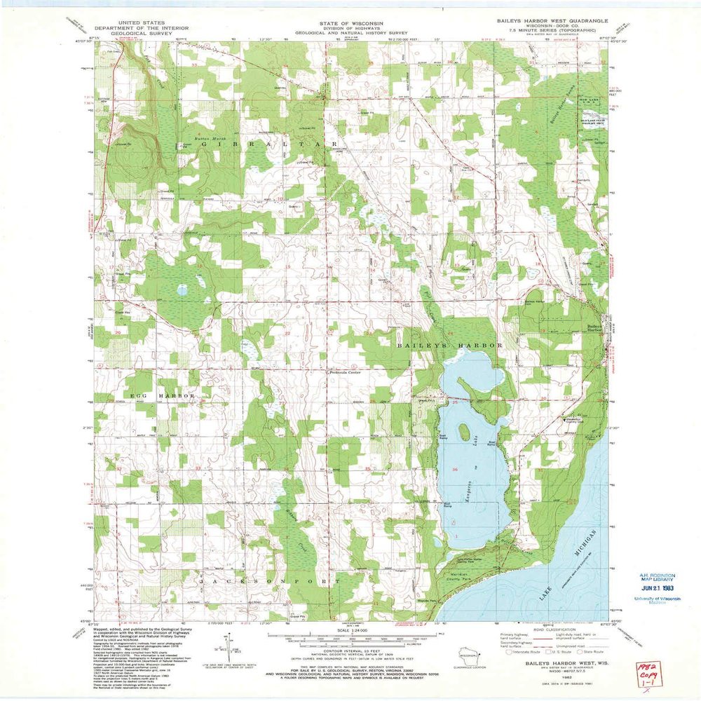 YellowMaps Baileys Harbor West WI topo map, 1:24000 Scale, 7.5 X 7.5 Minute, Historical, 1982, Updated 1983, 27.54 x 22.01 in - Tyvek