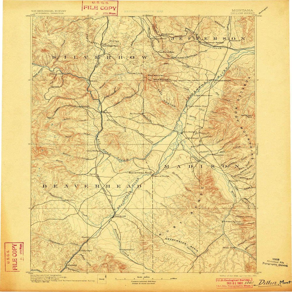Dillon MT topo map, 1:250000 Scale, 1 X 1 Degree, Historical, 1893, Updated 1901, 19.9 x 16.1 in - Polypropylene
