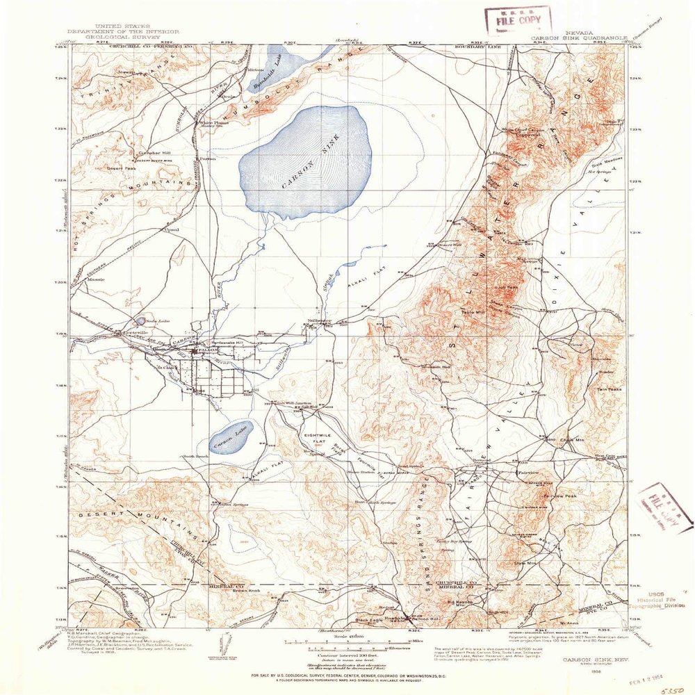 YellowMaps Carson Sink NV topo map, 1:250000 Scale, 1 X 1 Degree, Historical, 1908, Updated 1954, 20.8 x 16.9 in - Tyvek