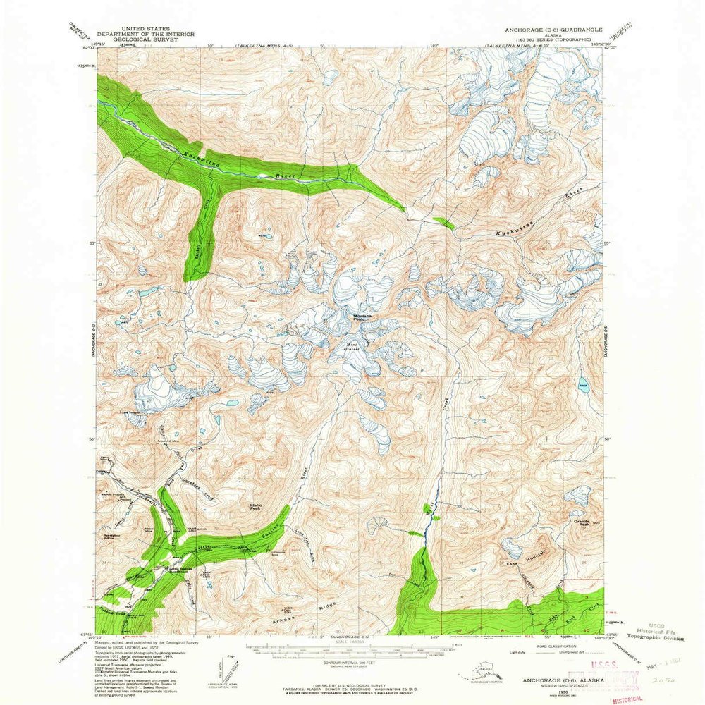 YellowMaps Anchorage D 6 AK topo map, 1:63360 Scale, 15 X 15 Minute, Historical, 1950, Updated 1962, 20.8 x 17.1 in - Tyvek