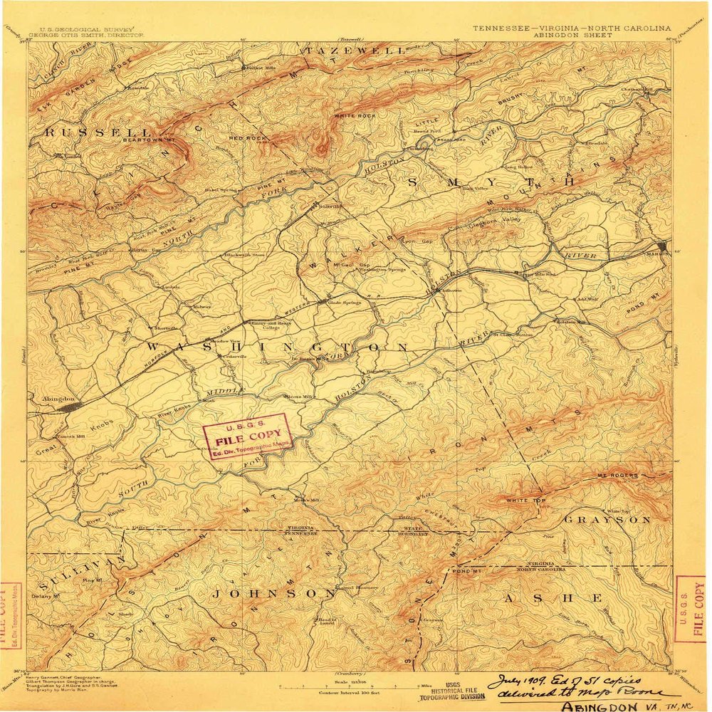 YellowMaps Abingdon VA topo map, 1:125000 Scale, 30 X 30 Minute, Historical, 1909, 19.8 x 15.5 in - Polypropylene