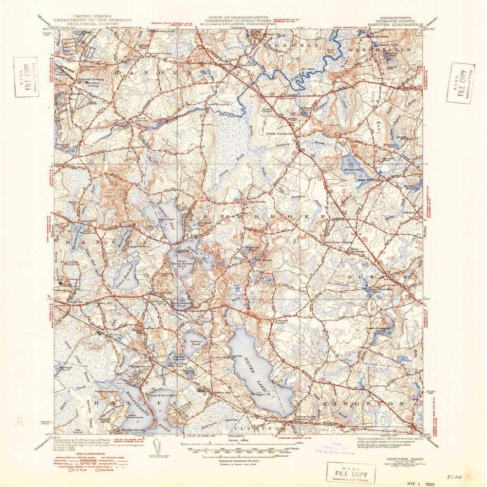 YellowMaps Hanover MA topo map, 1:31680 Scale, 7.5 X 7.5 Minute, Historical, 1940, Updated 1949, 20.7 x 17 in - Polypropylene