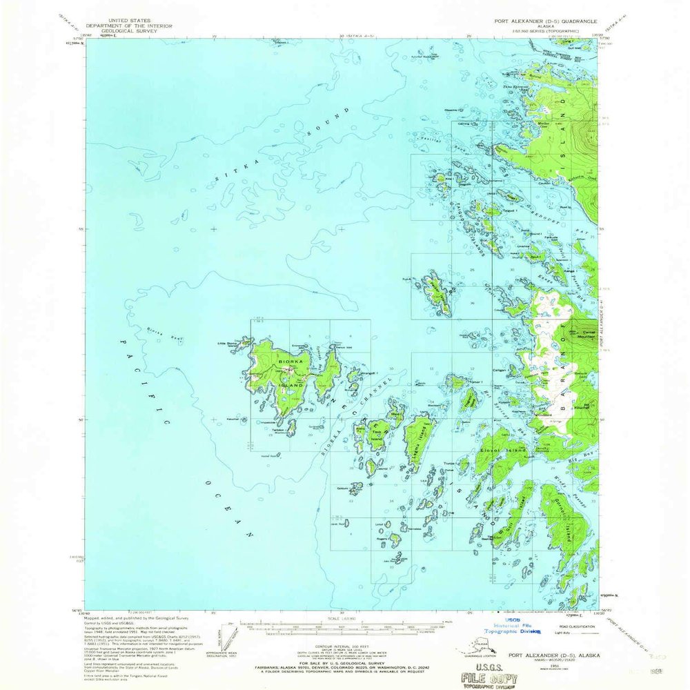 YellowMaps Port Alexander D 5 AK topo map, 1:63360 Scale, 15 X 15 Minute, Historical, 1951, Updated 1965, 20.9 x 17 in - Tyvek