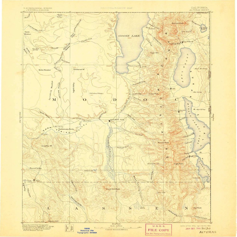 YellowMaps Alturas CA topo map, 1:250000 Scale, 1 X 1 Degree, Historical, 1892, Updated 1906, 19.7 x 16.7 in - Polypropylene