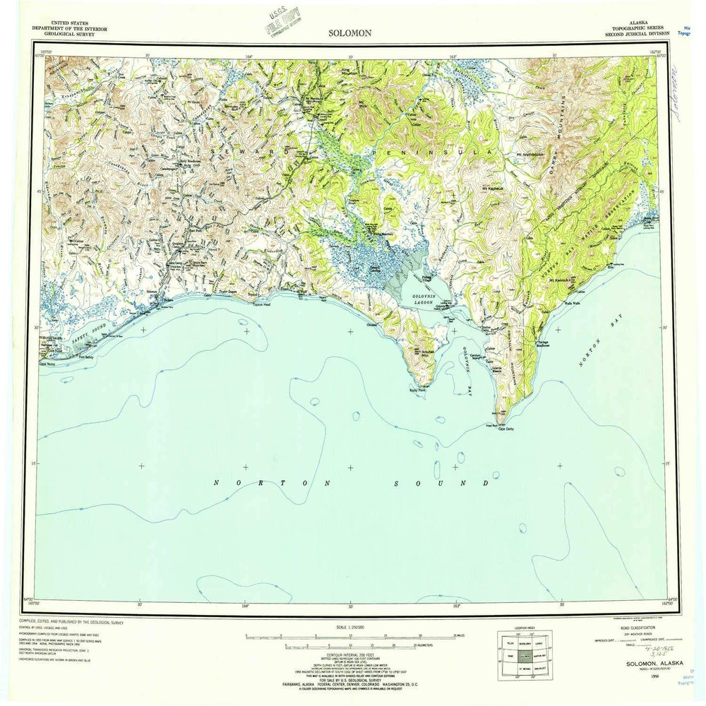 YellowMaps Solomon AK topo map, 1:250000 Scale, 1 X 3 Degree, Historical, 1950, Updated 1956, 22.8 x 25.8 in - Tyvek