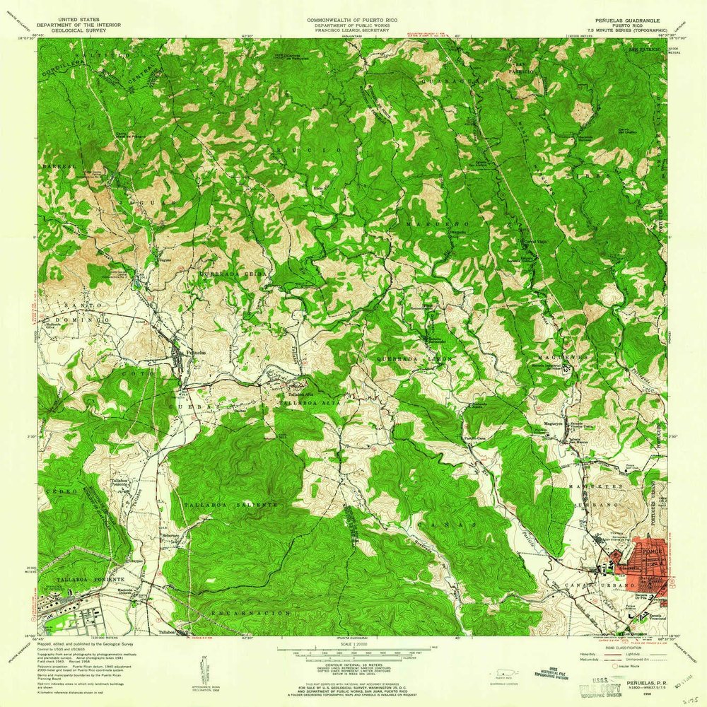 YellowMaps Penuelas PR topo map, 1:20000 Scale, 7.5 X 7.5 Minute, Historical, 1958, Updated 1961, 32.2 x 29.2 in - Tyvek