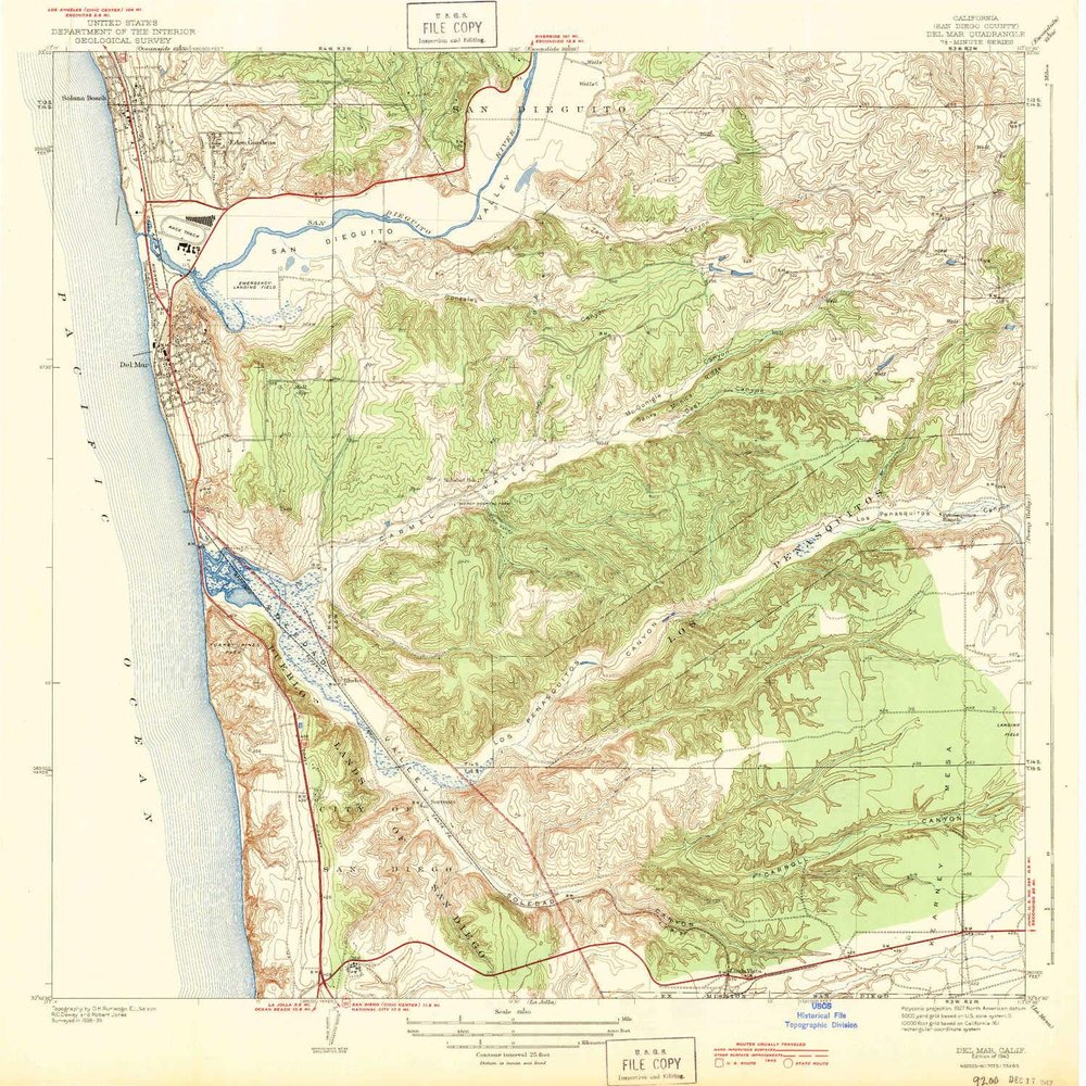 YellowMaps Del Mar CA topo map, 1:31680 Scale, 7.5 X 7.5 Minute, Historical, 1943, 19.77 x 20.58 in - Polypropylene