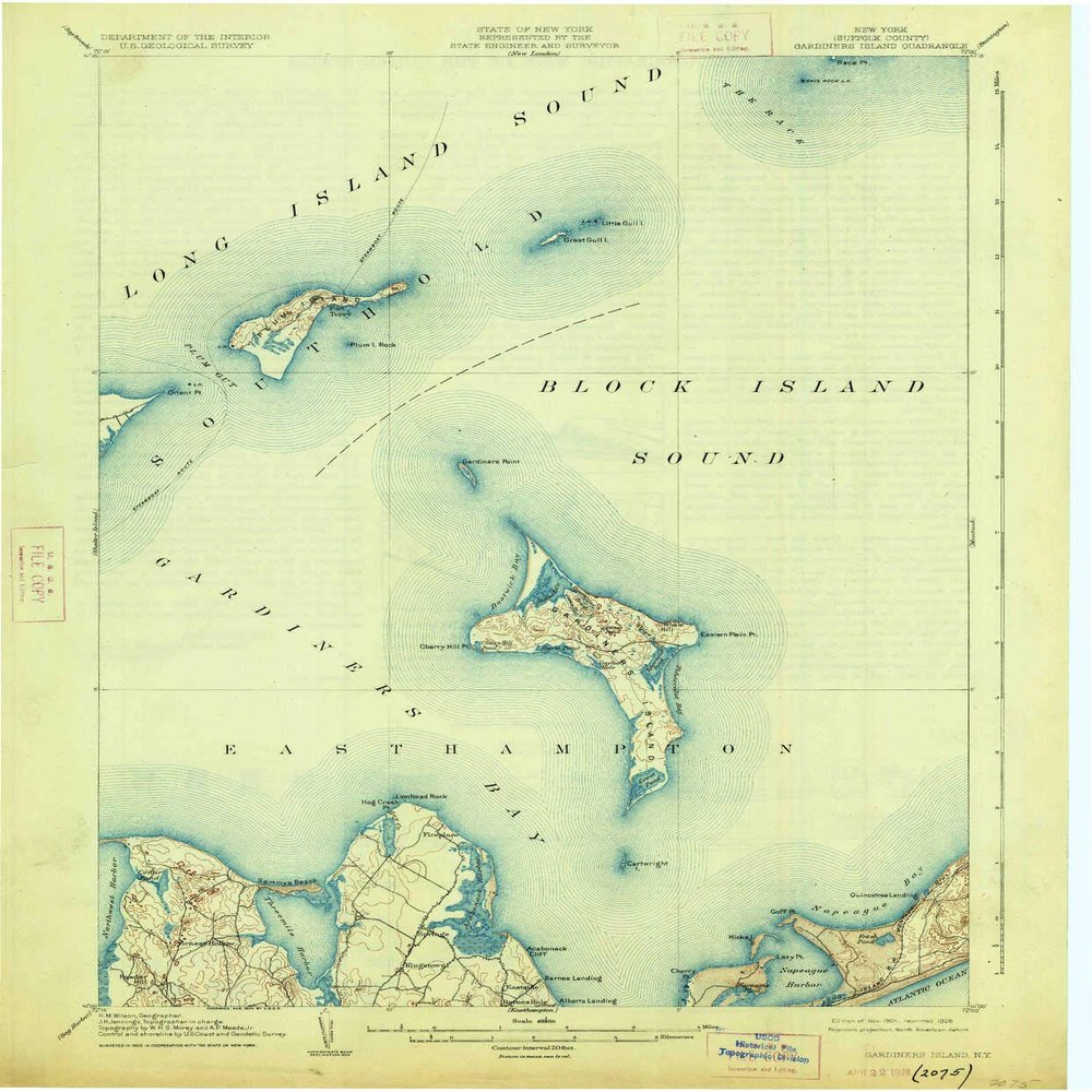 YellowMaps Gardiners Island NY topo map, 1:62500 Scale, 15 X 15 Minute, Historical, 1904, Updated 1926, 20.1 x 16.6 in - Polypropylene
