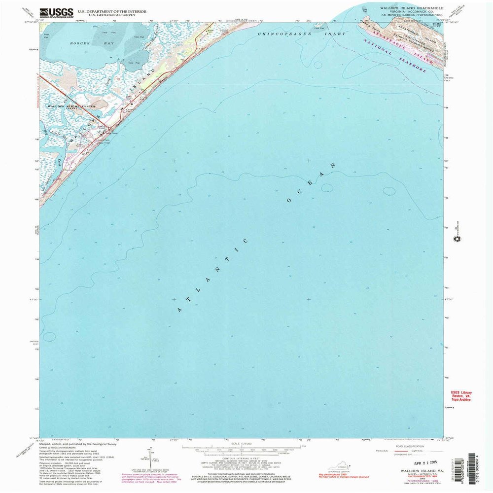 Wallops Island VA topo map, 1:24000 Scale, 7.5 X 7.5 Minute, Historical, 1965, Updated 1991, 27 x 22 in - Tyvek