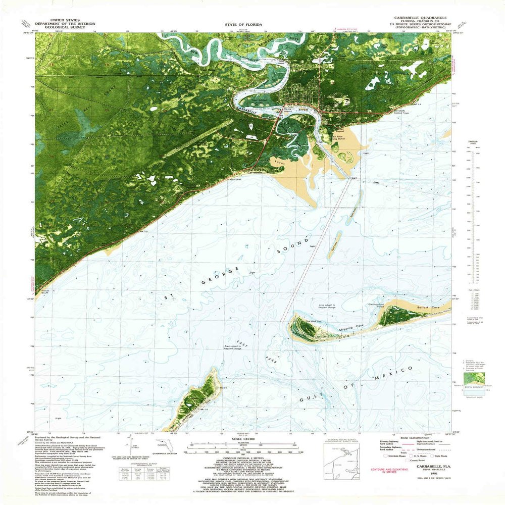YellowMaps Carrabelle FL topo map, 1:24000 Scale, 7.5 X 7.5 Minute, Historical, 1981, Updated 1982, 28.8 x 24 in - Tyvek