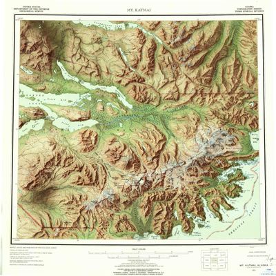 YellowMaps Mt Katmai AK topo map, 1:250000 Scale, 1 X 2 Degree, Historical, 1951, Updated 1957, 22.1 x 21.1 in - Tyvek