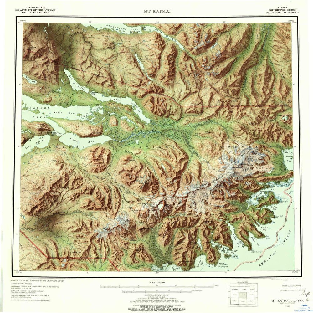 YellowMaps Mt Katmai AK topo map, 1:250000 Scale, 1 X 2 Degree, Historical, 1951, Updated 1957, 22.1 x 21.1 in - Tyvek