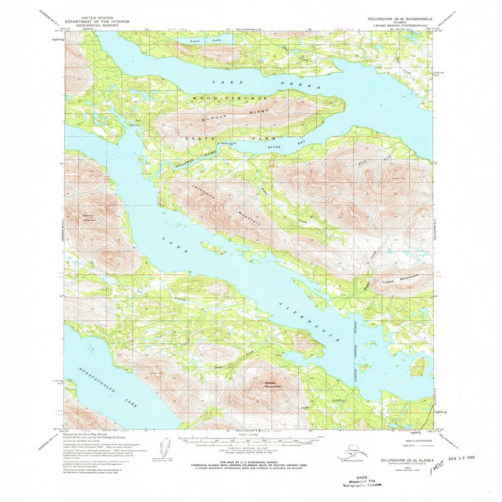 YellowMaps Dillingham B 8 AK topo map, 1:63360 Scale, 15 X 15 Minute, Historical, 1954, Updated 1980, 21.8 x 18 in - Polypropylene
