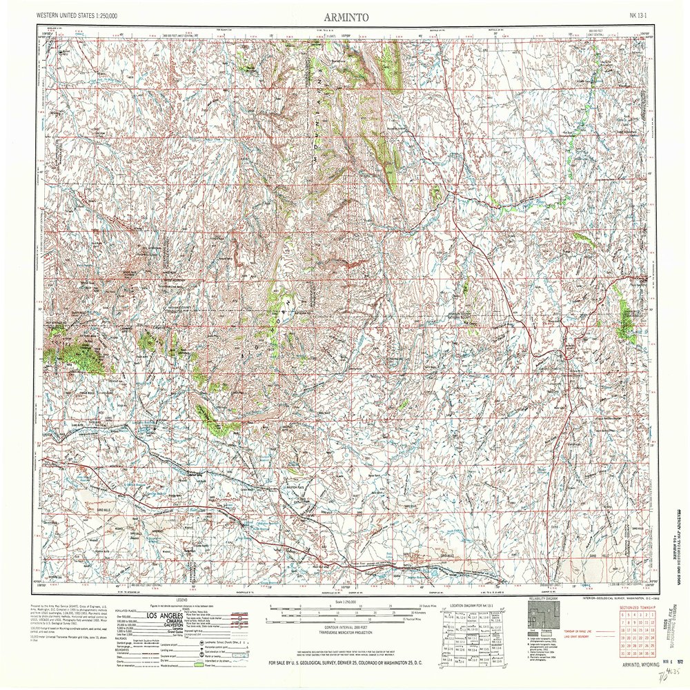 YellowMaps Arminto WY topo map, 1:250000 Scale, 1 X 2 Degree, Historical, 1962, Updated 1962, 22.1 x 29.1 in - Polypropylene