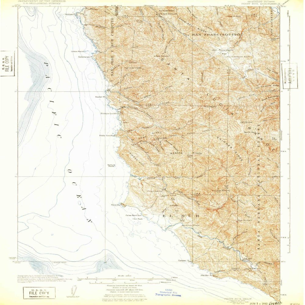 YellowMaps Point Sur CA topo map, 1:62500 Scale, 15 X 15 Minute, Historical, 1925, Updated 1932, 20.9 x 16.5 in - Polypropylene