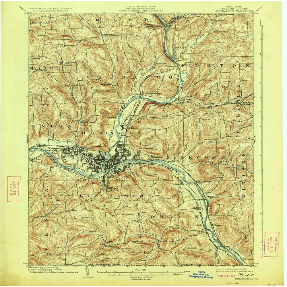 YellowMaps Binghamton NY topo map, 1:62500 Scale, 15 X 15 Minute, Historical, 1904, Updated 1924, 20.1 x 16.6 in - Tyvek