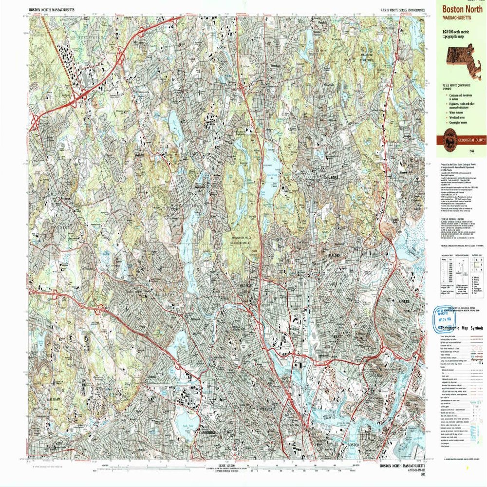 YellowMaps Boston North MA topo map, 1:25000 Scale, 7.5 X 15 Minute, Historical, 1985, Updated 1986, 24 x 39.8 in - Polypropylene