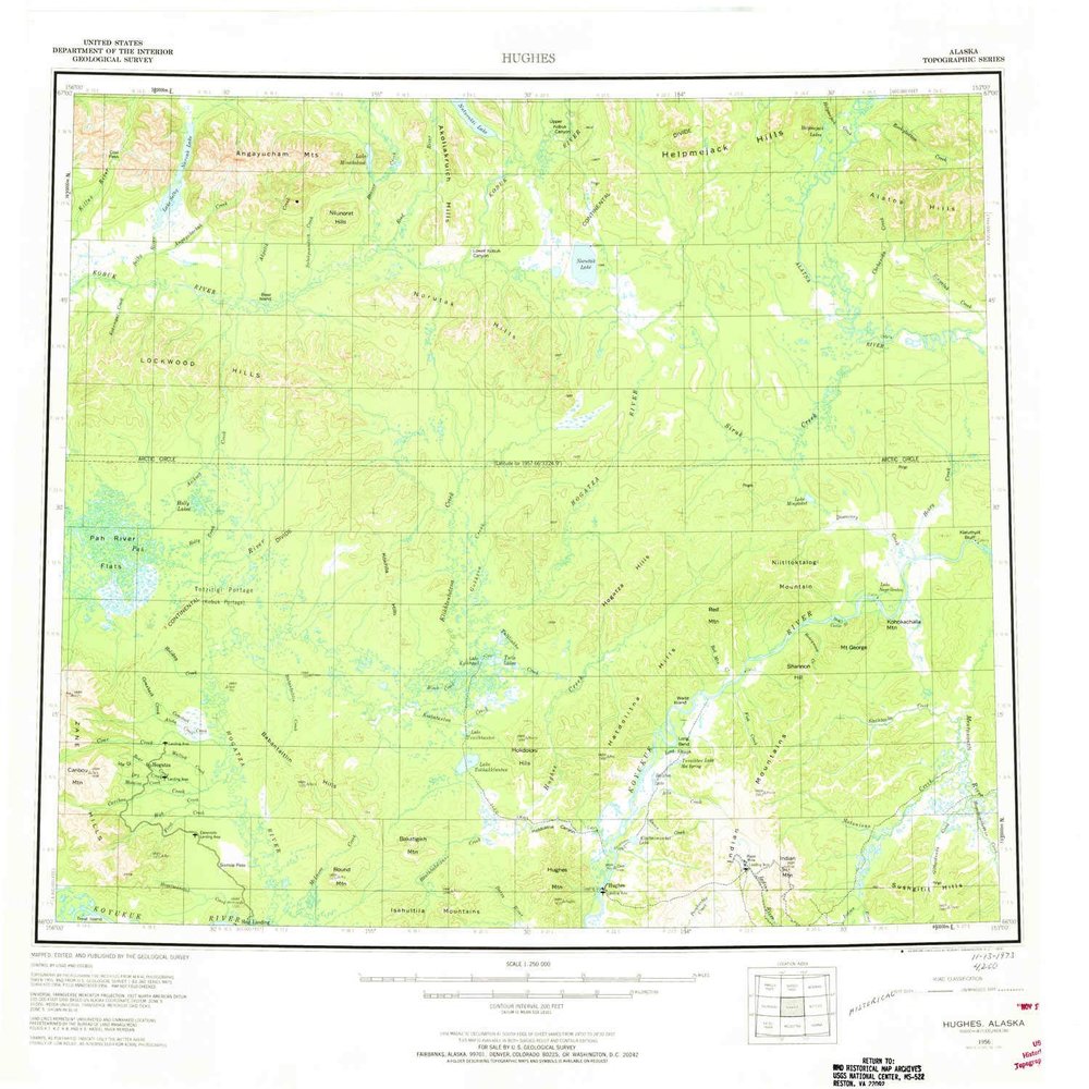 YellowMaps Hughes AK topo map, 1:250000 Scale, 1 X 3 Degree, Historical, 1956, Updated 1973, 23.1 x 24.7 in - Tyvek