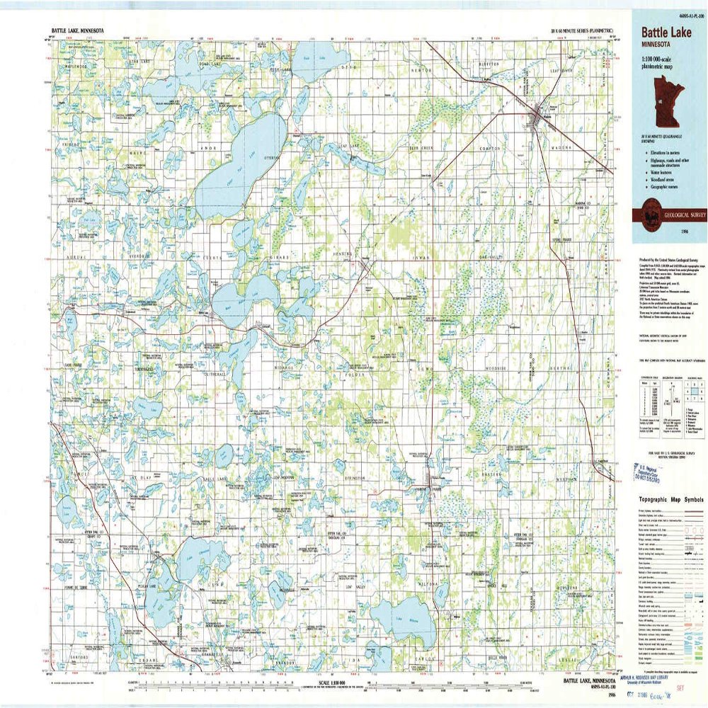YellowMaps Battle Lake MN topo map, 1:100000 Scale, 30 X 60 Minute, Historical, 1986, Updated 1986, 27.23 x 21.53 in - Tyvek