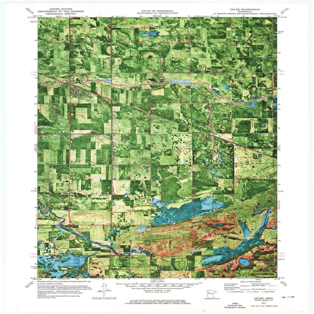 YellowMaps Oklee MN topo map, 1:24000 Scale, 7.5 X 7.5 Minute, Historical, 1971, Updated 1976, 27.23 x 21.53 in - Tyvek