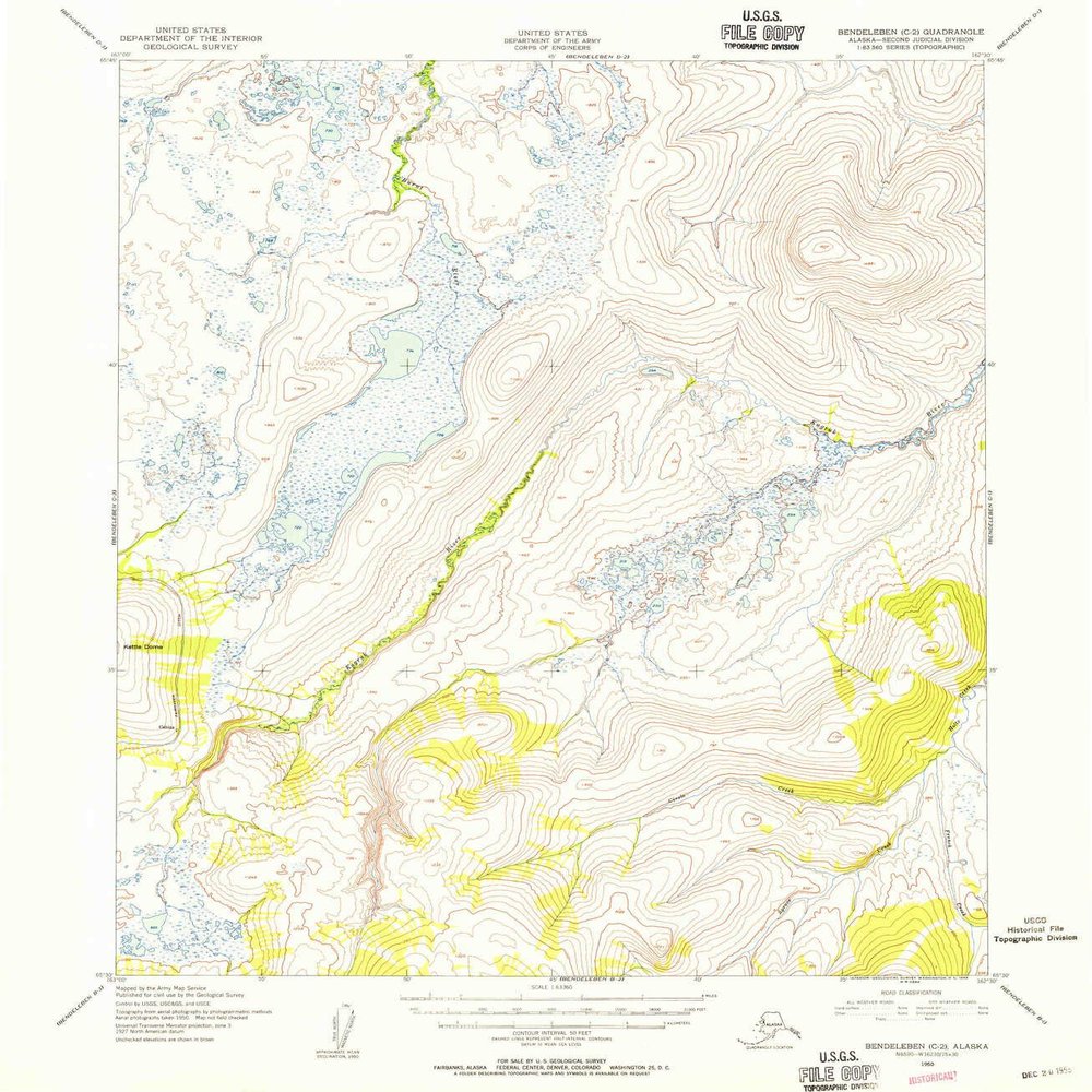 YellowMaps Bendeleben C 2 AK topo map, 1:63360 Scale, 15 X 15 Minute, Historical, 1950, Updated 1955, 20.7 x 18 in - Polypropylene