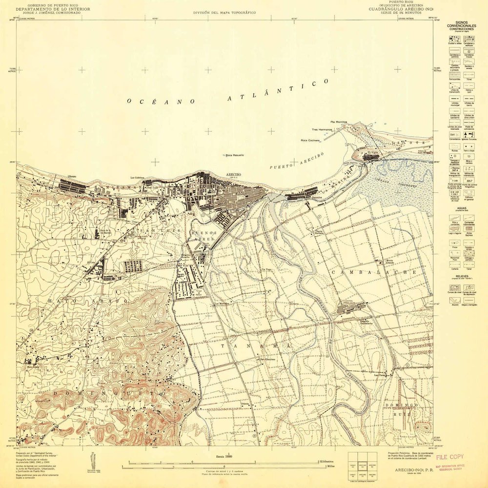 YellowMaps Arecibo NO PR topo map, 1:10000 Scale, 3.75 X 3.75 Minute, Historical, 1950, 31.2 x 30.4 in - Polypropylene